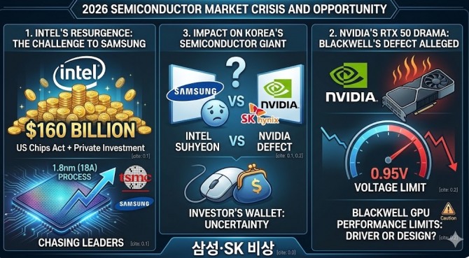글로벌 반도체 판도가 다시 한번 요동치고 있다. 오랜 침체의 터널을 지나온 인텔이 미국 정부와 글로벌 빅테크의 막대한 자금을 등에 업고 화려한 부활을 선언한 반면, AI반도체 시장을 사실상 독점해온 엔비디아는 차세대 그래픽카드의 성능 저하 논란이 불거지며 예상치 못한 역풍을 맞고 있다. 이미지=제미나이3