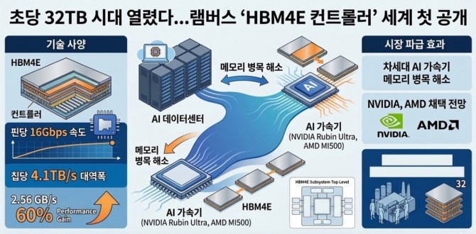 반도체 설계자산(IP) 전문 기업 램버스(Rambus)가 차세대 고대역폭메모리 규격 'HBM4E'를 완벽히 구현하는 메모리 컨트롤러를 세계에서 가장 먼저 공개하며 시장을 뒤흔들고 있다. 이미지=제미나이3