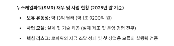 누스케일파워(SMR) 재무 및 사업 현황 (2025년 말 기준). 도표=글로벌이코노믹