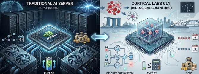 호주 생명공학 기업 코르티컬랩스(Cortical Labs)가 인간의 뇌세포 20만 개를 실리콘 칩 위에 배양한 생물학 컴퓨터 'CL1'을 통해 호주와 싱가포르에 세계 최초의 상용 데이터센터를 구축한다고 발표했다. 이미지=제미나이3