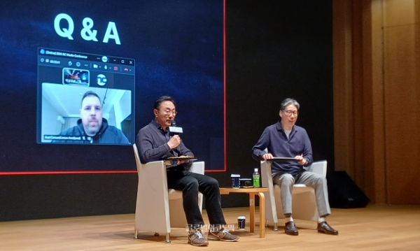 왼쪽부터 엔씨소프트의 아넬 체만 모바일 캐주얼 센터장, 박병무 공동ㄷ표, 홍원준 최고재무책임자(CFO). 사진=이원용 기자