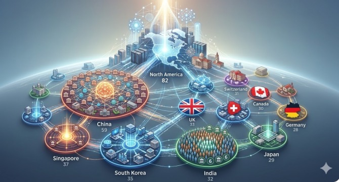 글로벌 AI 교육 평가 기관 에세이휴머니저(EssayHumanizer)가 지난 11일(현지시각) 발표한 '2026 글로벌 AI 두뇌 경쟁 보고서'는 전 세계 100여 개국을 R&D·인프라·인재·정책 거버넌스 등 11개 지표로 분석한 것이다., 미국이 100점 만점에 82점을 기록하며 압도적인 1위를 고수했다. 2위 중국(59점)과는 23점 차이다. 3위 싱가포르(37점), 4위 한국(35점)이 뒤를 이었다. 이미지=제미나이3