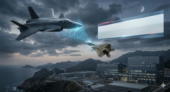 중국의 산화갈륨 기술의 비약적인 발전으로 미국의 F-22 레이더가 두 세대나 뒤처질 수 있다는 경고가 나왔다. 이미지=구글 AI 제미나이 생성