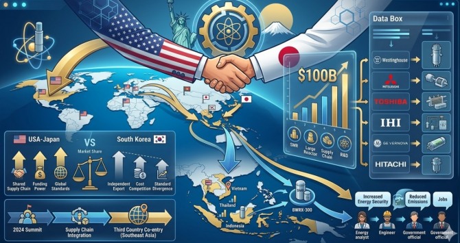 세계 원자력 시장의 판이 빠르게 재편되고 있다. AI 데이터센터와 전기차 전환 수요가 맞물리며 청정 기저전력의 필요성이 급격히 커진 가운데, 미국과 일본이 최대 1000억 달러(약 149조 9,000억 원) 규모의 원전 협력 체계를 공식화했다. 이미지=제미나이3