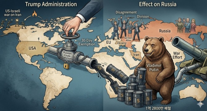 트럼프 행정부가 이란 충돌로 치솟는 국제 유가를 잡겠다며 러시아산 해상 원유에 대한 제재를 한 달간 유예하면서, 3년째 이어지는 우크라이나 전쟁의 판도를 흔들 수 있다는 우려가 현실로 다가오고 있다. 이미지=제미나이3