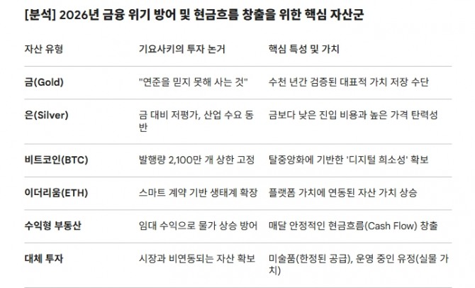 2026년 금융 위기 방어 및 현금흐름 창출을 위한 핵심 자산군. 도표=글로벌이코노믹