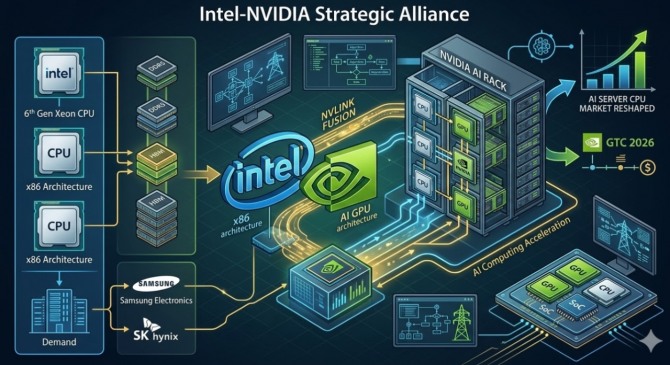 엔비디아는 인텔과 50억 달러(약 7조4900억 원) 규모의 서버용 CPU 공급 및 기술 협력 계약을 맺고, 차세대 AI 컴퓨팅 인프라 구축에 시동을 걸었다. 이미지=제미나이3