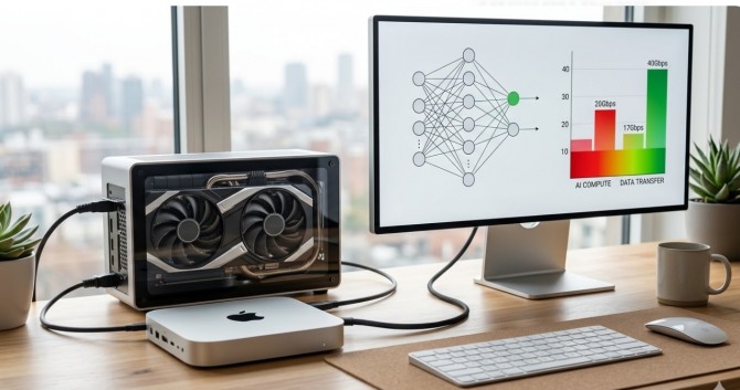 미국 AI 스타트업 타이니코프(TinyCorp)가 애플의 초소형 PC '맥 미니(Mac Mini) M4 Pro'에 엔비디아의 소비자용 그래픽처리장치(GPU) 'RTX 5060'을 연결해 거대언어모델(LLM) 추론 연산에 성공했다. 이미지=제미나이3
