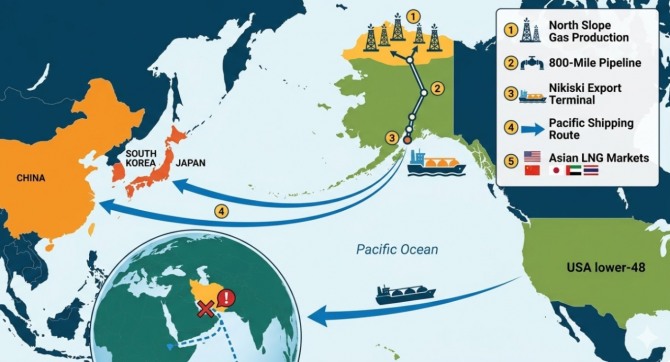 도널드 트럼프 미국 행정부의 에너지 정책 또한 프로젝트에 순풍으로 작용하고 있다. 트럼프 행정부는 알래스카 자원 개발 규제 완화를 핵심 에너지 정책으로 추진 중이며, 우방국 대상 LNG 수출 확대를 외교 레버리지로 활용하는 전략을 병행하고 있다. 미국 에너지정보청(EIA)에 따르면, 2024년 미국 LNG 수출은 일평균 약 140억 세제곱피트(Bcf)를 기록하며 사상 최대치를 경신했다. 이미지=제미나이3