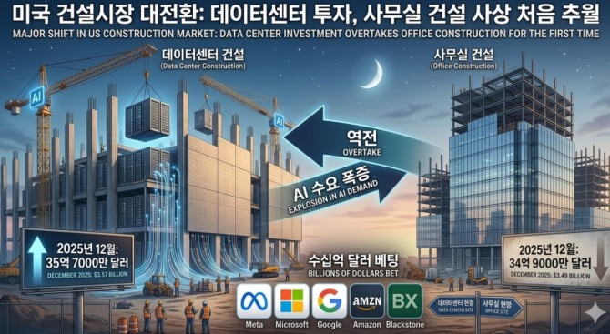 미국 건설판에서 사상 처으으로 역전이 일어났다. 미국 인구조사국 집계 결과, 2024년 12월 미국의 데이터센터 건설 지출액은 35억 7000만 달러를 기록했다. 같은 달 사무용 빌딩(오피스) 건설 지출 34억 9000만 달러)를 8000만 달러 차이로 따돌렸다. 이미지=제미나이3