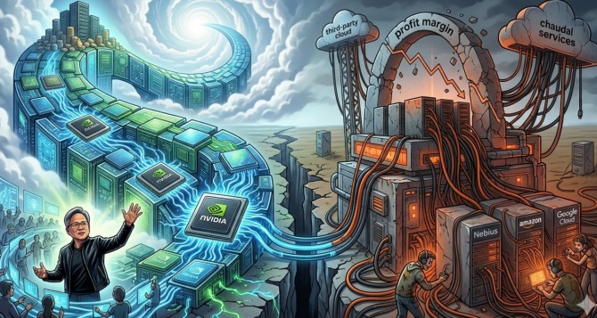 엔비디아가 '1조 달러 제국' 건설을 공식화한 반면, 이를 뒷받침하는 빅테크 기업들은 감당하기 벅찬 클라우드 임대료 청구서에 신음하고 있다. 이미지=제미나이3