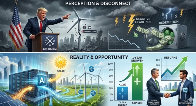 인공지능(AI) 데이터센터가 새로운 '발전소'를 요구하고 있다. 그 수혜가 예상 밖의 곳에서 나타났다. 정치 공세에 취약할 것으로 여겨졌던 재생에너지 상장지수펀드(ETF)가 최근 1년간 S&P500 지수를 세 배 이상 앞지르는 성과를 냈다. 이미지=제미나이3
