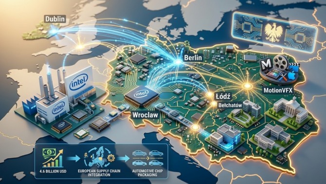동유럽의 폴란드가 유럽 최대 반도체 후공정 거점으로 올라섰다. 인텔이 6조 8400억 원을 찍고, 애플이 현지 기업을 삼키는 사이, 브뤼셀의 보조금 전쟁은 폴란드를 '유럽 칩 자급자족'의 심장부로 밀어 올리고 있다. 이미지=제미나이3