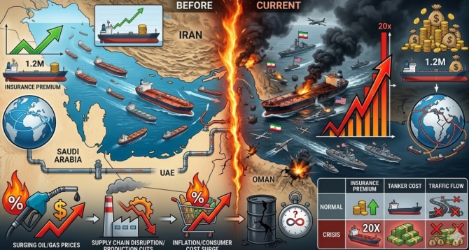 전 세계 석유 물동량의 20%가 통과하는 호르무즈 해협이 전쟁 발발 3주째인 현재, 이란의 통제 아래 놓였다. 단 한 번의 해협 통과에 요구되는 보험료가 최대 120만 달러에 달하면서 세계 주요 해운사들이 항로를 포기했고, 브렌트유는 배럴당 100달러 선을 돌파했다. 이미지=제미나이3