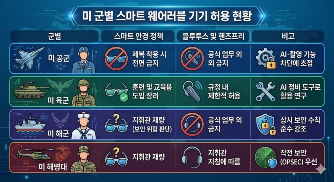 미 군별 스마트 웨어러블 기기 허용 현황. 인포그래픽=글로벌이코노믹/구글 제미나이 생성.