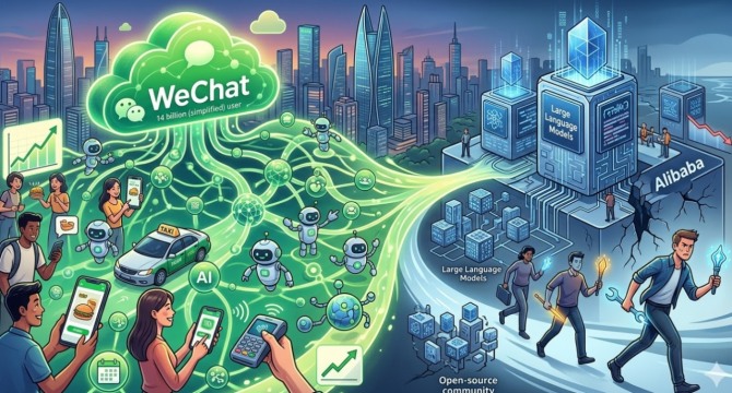 14억 명의 일상을 장악한 위챗(WeChat) 생태계를 앞세운 텐센트(Tencent)가 'AI 에이전트(Agentic AI)' 시대의 주도권을 빠르게 장악하는 반면, 기술 우위를 자랑하던 알리바바(Alibaba)는 핵심 인재 이탈과 상업화 부진이라는 이중고에 빠져들고 있다. 이미지=제미나이3