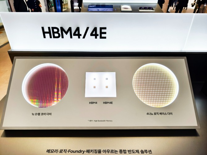 삼성전자가 18일 수원컨벤션센터에서 개최한 제57회 주주총회에서 전시한 HBM4, HBM4E의 코어 다이와 베이스 다이. 사진=장용석 기자