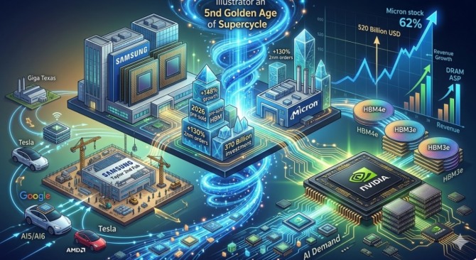 삼성전자와 SK하이닉스의 HBM 분량은 이미 완판된 가운데, 미국 마이크론 테크놀로지는 분기 매출이 전년 대비 148% 폭증할 것이라는 전망 속에 시가총액 5200억 달러(약 782조 원)를 돌파했다. 이미지=제미나이3