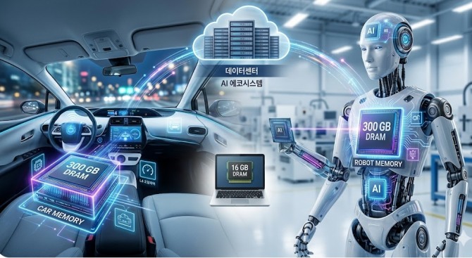 스마트폰이나 노트북의 메모리 용량을 따지던 시대는 끝나가고 있다. 반도체 수요의 새로운 포식자가 나타났다. 도로를 달리는 자동차와 공장 바닥을 누비는 로봇이다. 이미지=제미나이3