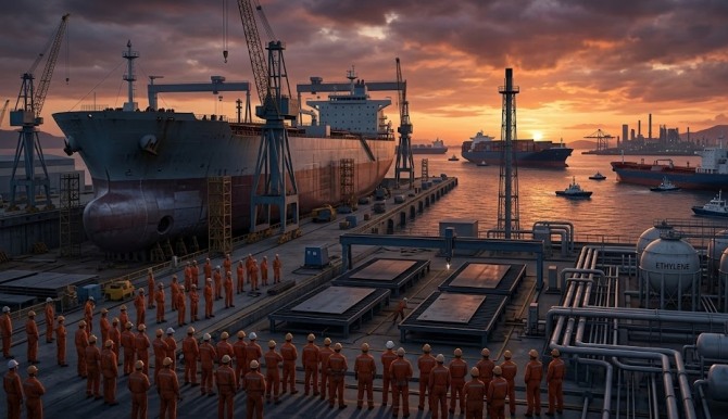 K-조선의 가장 취약한 고리는 뜻밖에도 화학 물질 하나였다. 강판을 자르는 연료 가스 '에틸렌'. 중동 지정학 위기가 이 작은 연결고리를 끊어낼 경우, 현대중공업·한화오션·삼성중공업 등 국내 조선 3사의 생산 라인은 수주 잔량을 쌓아 놓고도 멈춰 설 수 있다는 경고가 나왔다. 이미지=제미나이3