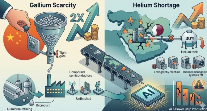 삼성전자와 SK하이닉스가 인공지능(AI) 반도체 수요 급증으로 사상 최대 수주를 눈앞에 두고 있는 지금, 공장 가동을 위협하는 '보이지 않는 적'이 등장했다. 문제는 손톱만 한 칩 하나를 만드는 데 반드시 필요한 갈륨과 헬륨이라는 두 가지 핵심 소재의 공급이 동시에 끊기고 있다는 사실이다. 이미지=제미나이3