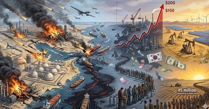 1973년 아랍 산유국들이 석유를 무기로 꺼내든 지 반세기가 지났다. 그 오일쇼크의 기억이 되살아나는 시나리오가 2026년 3월 중동에서 다시 펼쳐지고 있다. 배럴당 114달러를 돌파한 국제 유가는 이제 150달러를 향해 달려가고 있다. 이미지=제미나이3