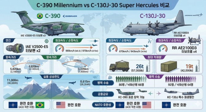 C-390 vs C-130J 비교. 인포그래픽=글로벌이코노믹/구글 제미나이