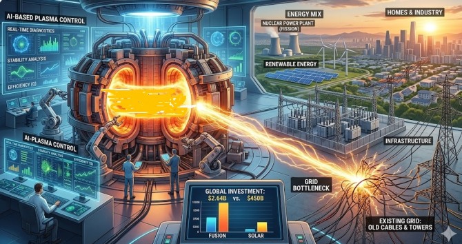 인류의 오랜 숙원인 ‘꿈의 에너지’ 핵융합 발전이 인공지능(AI)이라는 강력한 엔진을 달고 실험실을 넘어 실생활로의 진입을 서두르고 있다. 하지만 1억 도 이상의 초고온 에너지를 생산하더라도 이를 가정과 산업 현장으로 전달할 전력망(Grid) 인프라가 뒷받침되지 않는다면 공염불에 그칠 수 있다는 지적이 나온다. 이미지=제미나이3