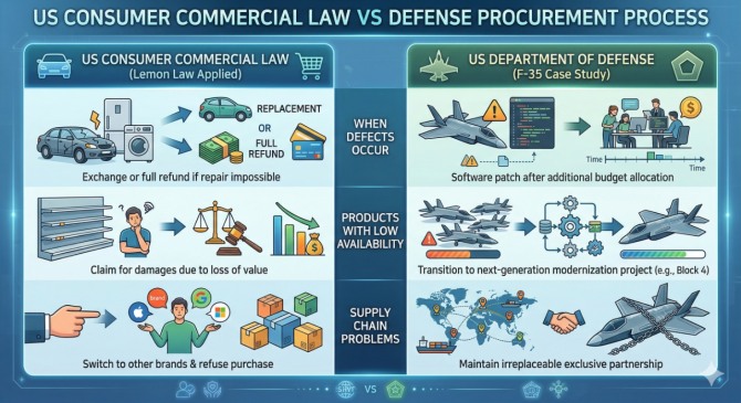 미국 소비자 상법 vs 국방 조달 프로세스 비교. 인포그래픽=글로벌이코노믹/구글 제미나이
