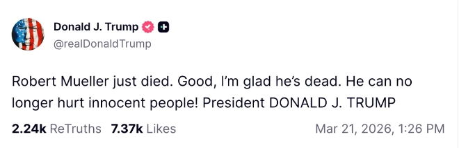 도널드 트럼프 미국 대통령이 지난 21일(현지시각) 소셜미디어에 올린 글. 사진=트루스소셜