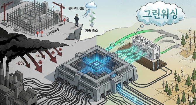 인공지능(AI) 열풍으로 데이터센터 전력 수요가 폭발하면서 구글, 마이크로소프트(MS) 등 빅테크 기업들이 공언한 '넷제로(탄소 실질 배출량 0)' 약속이 뿌리째 흔들리고 있다. 이미지=제미나이3