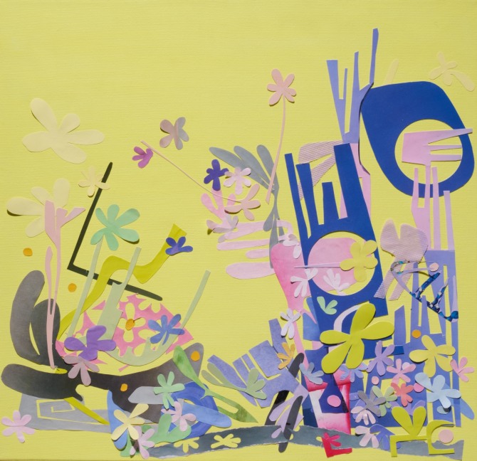 Fragments of the spring 中 꽃수레를 타고오는봄 I 45x45cm acrylic paint, pasted paper on paper panel, 2025