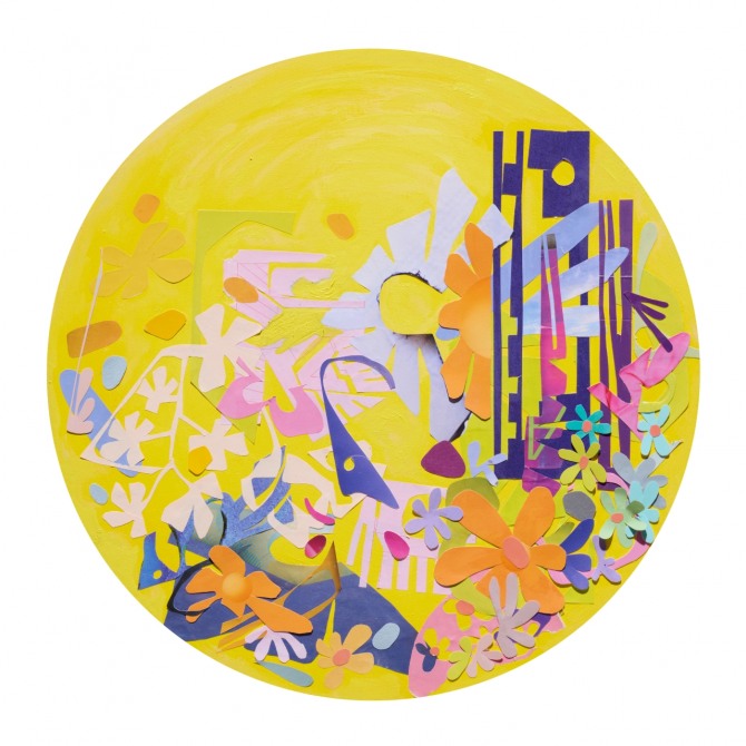 겹겹이 봄 40x40cm acrylic paint, pasted paper on paper panel, 2026