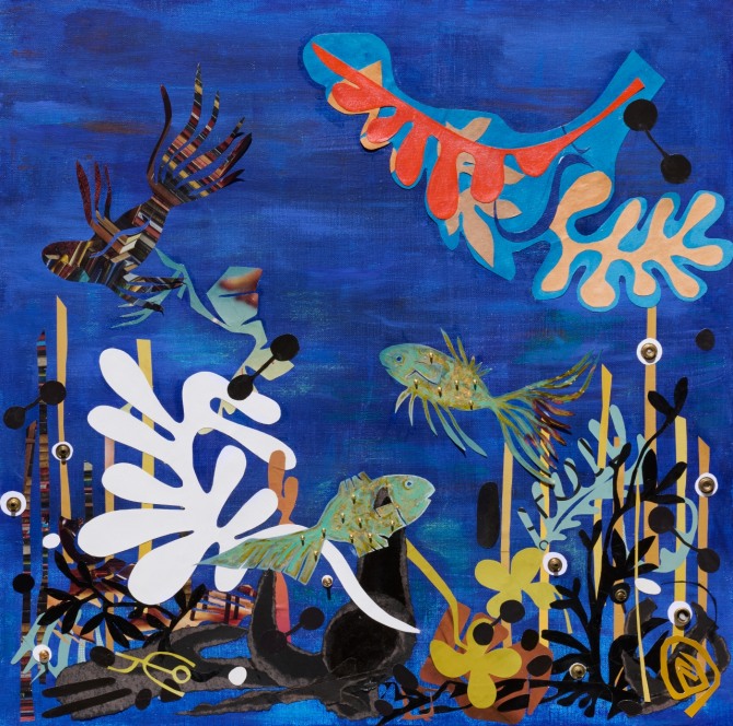 Natura-물의 숨결(60.5x60.5cm) acrylic paint, pasted paper, snap mixed materials on canvas,2025