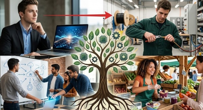 스탠퍼드대 인간중심AI연구소(HAI)는 미국 노동 시장에서 세대교체가 아닌 '직종 교체'가 빠르게 진행되고 있다고 분석했다. 주목하는 'AI 고노출 직종'은 소프트웨어 개발자, 데이터 입력 담당자, 고객 서비스 담당자 등이다. 이들의 고용률은 2022년 말부터 2025년 9월까지 AI 저노출 직종 대비 16% 낮아졌다. 이미지=제미나이3