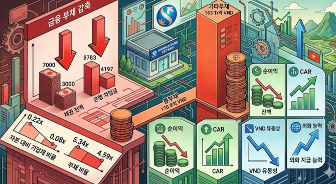 신한은행의 동남아 전초기지인 신한베트남은행이 대대적인 채권 상환과 차입금 감축을 통해 금융 부채 의무를 덜어내는 데 성공했으나, 비대해진 ‘기타부채’의 벽에 가로막혀 전체 부채 규모는 여전히 170조 동(VND, 약 9조 7000억 원) 수준에 머물러 있는 것으로 나타났다. 이미지=제미나이3