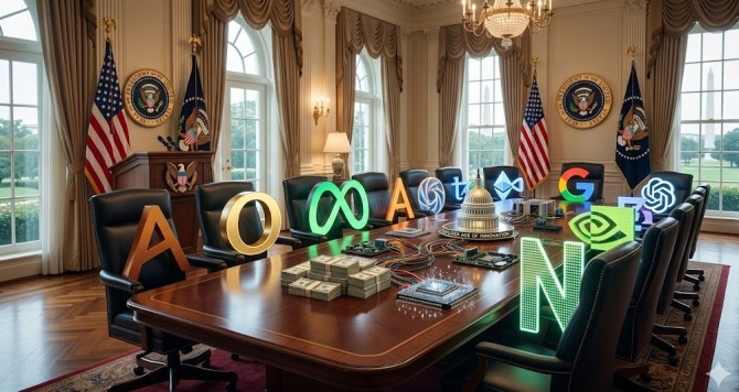 실리콘밸리의 억만장자들이 미국 행정부의 공식 기술 정책 설계자로 잇달아 호출되고 있다. 인공지능(AI) 패권을 둘러싼 미중 전략 경쟁이 격화하는 가운데, 도널드 트럼프 미국 대통령이 메타·엔비디아·오라클·구글 등 빅테크를 이끄는 경영자 13명을 '대통령 과학기술 자문위원회(PCAST)'에 전격 임명했다. 이미지=제미나이3