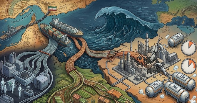 반도체 공정에서 헬륨은 사실상 대체가 불가능한 소재다. 초고순도(99.9999%) 헬륨은 웨이퍼 냉각, 플라즈마 식각 공정의 분위기 제어, 미세 회로 구현을 위한 챔버 내 잔류 가스 제거에 두루 쓰인다. 나노미터 단위 미세 공정일수록 온도 관리가 수율을 좌우하기 때문에, 헬륨이 끊기는 순간 생산라인 전체가 멈출 수 있다. 이미지=제미나이3