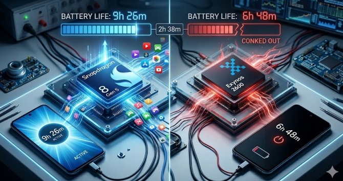 유명 성능시험 채널 '안드로이드 어딕츠(Android Addicts)'의 실험 결과를 인용해, 탑재 칩셋에 따른 배터리 유지 시간 차이가 무려 28%에 달한다는 결과가 나왔다. 이미지=제미나이3