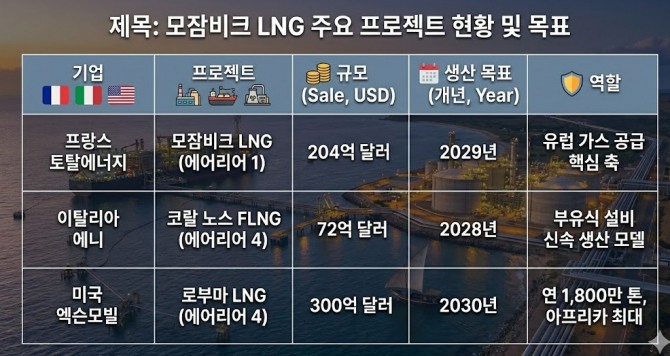 모잠비크 LNG 주요 프로젝트 현황. 도표=글로벌이코노믹