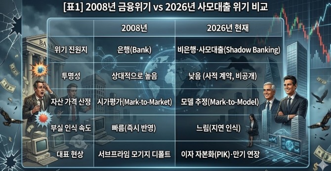 2008년 금융위기 vs 2026년 사모대출 위기 비교. 도표=글로벌이코노믹