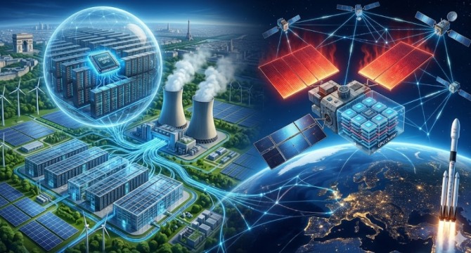 AI 데이터센터 건설에 5년이 걸리는 세상이다. 전력망 포화, 토지 부족, 인허가 지연이라는 세 겹의 장벽이 지상 인프라 확장의 발목을 잡고 있다. 그 해답을 '우주'에서 찾겠다는 기업이 등장하고, 유럽은 독자적 AI 인프라 구축에 1조 원 이상을 쏟아붓는다. 이미지=제미나이3