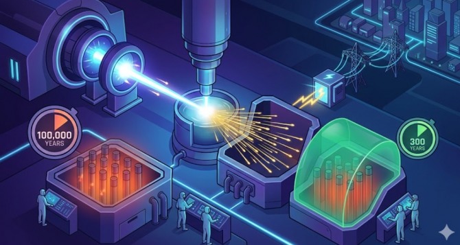 원자력 에너지의 최대 난제이자 인류의 해묵은 숙제인 '사용후핵연료' 처리에 혁명적 변화가 예고됐다. 미국 정부가 입자가속기를 이용해 방사성 폐기물의 독성 지속 기간을 단 300년으로 300배 이상 단축하는 이른바 '현대판 연금술' 기술 개발에 본격 착수하면서다. 이미지=제미나이3
