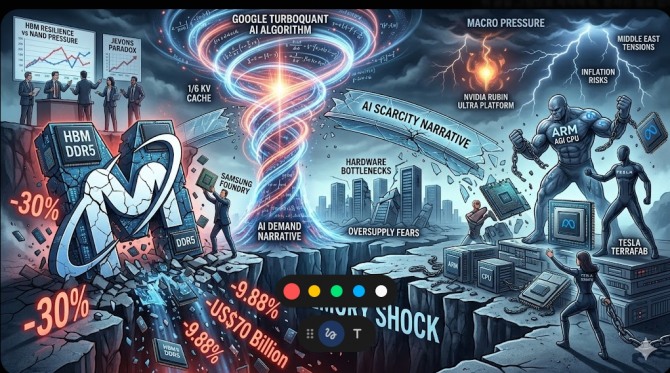 AI 반도체 시장은 '무한 확장의 시대'에서 '소프트웨어와 하드웨어의 효율 경쟁 시대'로 전환점을 맞았다. 기술 충격과 지정학 불안이 겹쳐 시장을 강타했으나, 미·이란 휴전 기대가 반등 계기를 마련하며 공포와 회복이 혼재하는 국면이 이어지고 있다. 이미지=제미나이3