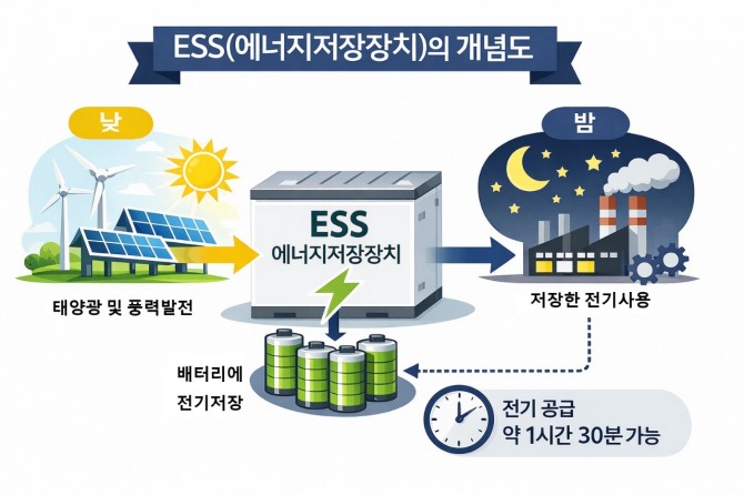 ESS(에너지저장장치)의 개념도. 자료= AI생성 및 자체편집
