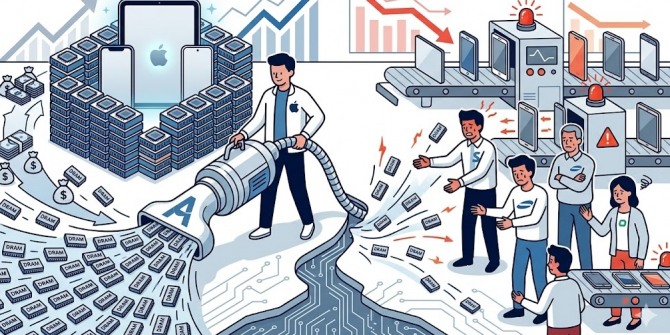 글로벌 IT 공룡 애플이 자금력을 앞세워 모바일 D램 물량을 독점하면서, 삼성전자를 비롯한 안드로이드 진영이 심각한 부품난과 가격 인상 압박에 직면했다. 이미지=제미나이3