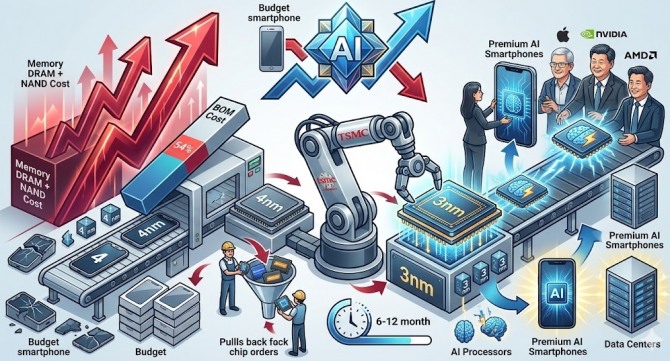 전 세계 스마트폰 시장의 '허리'가 끊길 위기다. 단순한 수요 둔화를 넘어, 반도체 제조 원가가 감당 불가능한 수준으로 치솟으면서 공급망 자체가 붕괴되고 있다. 세계 최대 파운드리(반도체 위탁생산) 기업인 TSMC가 가동률이 떨어진 4나노미터(nm) 공정을 고부가가치인 3나노 공정으로 전격 전환하기 시작했다. 이미지=제미나이3