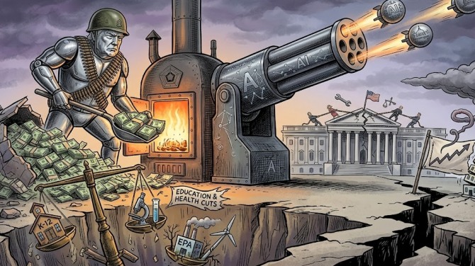 도널드 트럼프 미국 대통령이 국방비를 현행 대비 44% 폭격적으로 늘린 1조 5000억 달러(약 2265조 원) 규모의 2027 회계연도 예산안을 공식 발표하며 '전시 체제'에 준하는 군비 확장 행보를 시작했다. 이미지=제미나이3