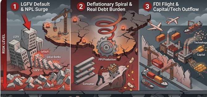 한국 수출의 약 5분의 1을 빨아들이는 중국 경제에 이상 신호가 켜졌다. 표면적인 성장률 수치 이면에서 세수, 부동산, 민간 투자가 동시에 무너지는 '3중 붕괴' 징후가 포착되고 있다. 이미지=제미나이3