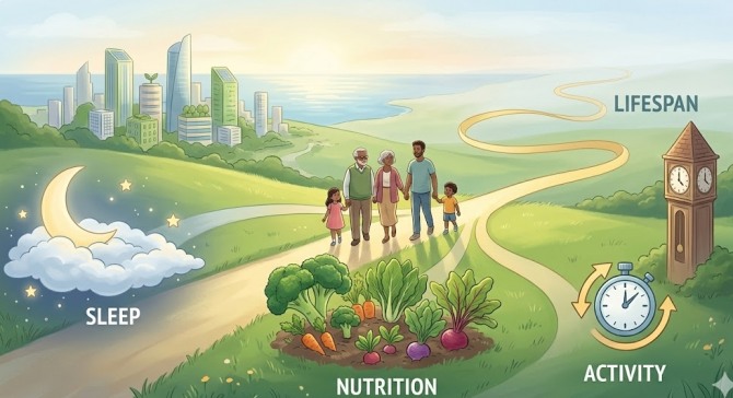 시드니 대학교 에마누엘 스타마타키스(Emmanuel Stamatakis) 교수팀은 최근 워싱턴포스트(WP) 보도를 통해, 아주 미세한 생활 습관의 결합이 건강수명을 획기적으로 늘린다는 'SPAN(수면·운동·영양)' 모델을 제시했다. 이미지=제미나이3